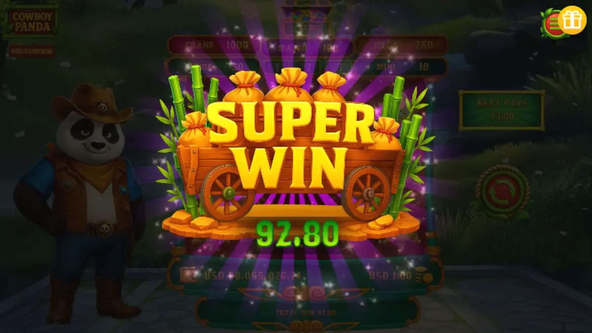 Panda koboi lucu dalam slot Cowboy Panda Hold & Spin